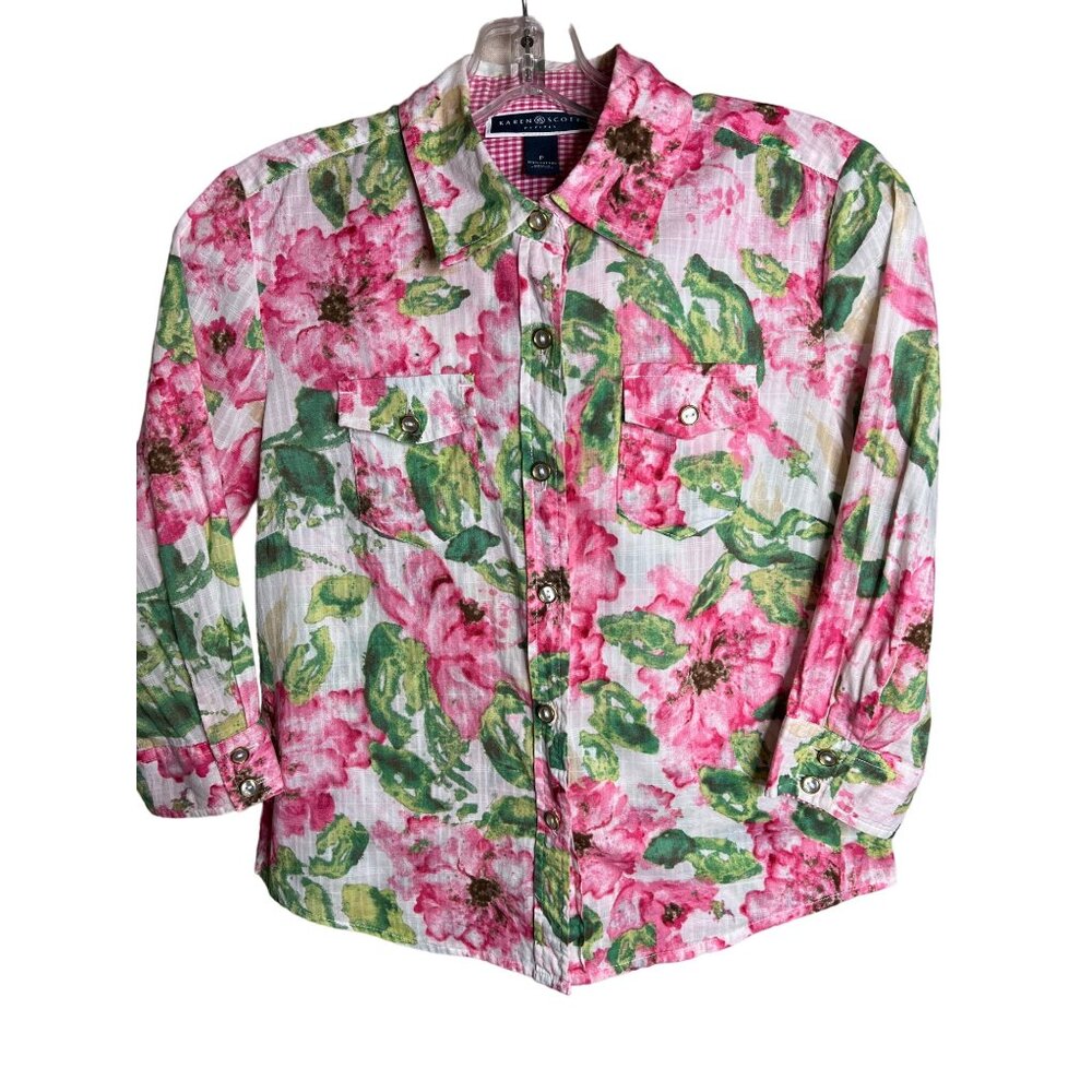 Karen Scott Petites P Floral Button-Up Shirt Pockets Flowers Cotton 3/4 Sleeves